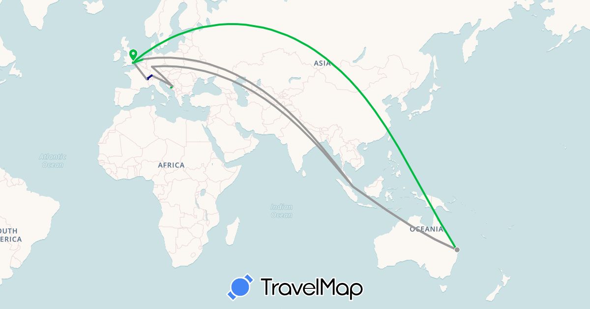 TravelMap itinerary: driving, bus, plane in Australia, Bosnia and Herzegovina, Switzerland, Germany, France, United Kingdom, Netherlands, Singapore (Asia, Europe, Oceania)